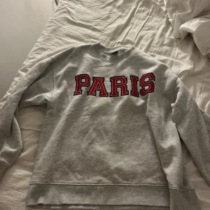 Grå sweatshirt Paris Gina Tricot - Grå sweatshirt från Gina Tricot med stora röda bokstäver 'PARIS' framtill. Klassisk rund halsringning och ribbade muddar vid ärmslut och nederkant. Perfekt för en chill och trendig look.