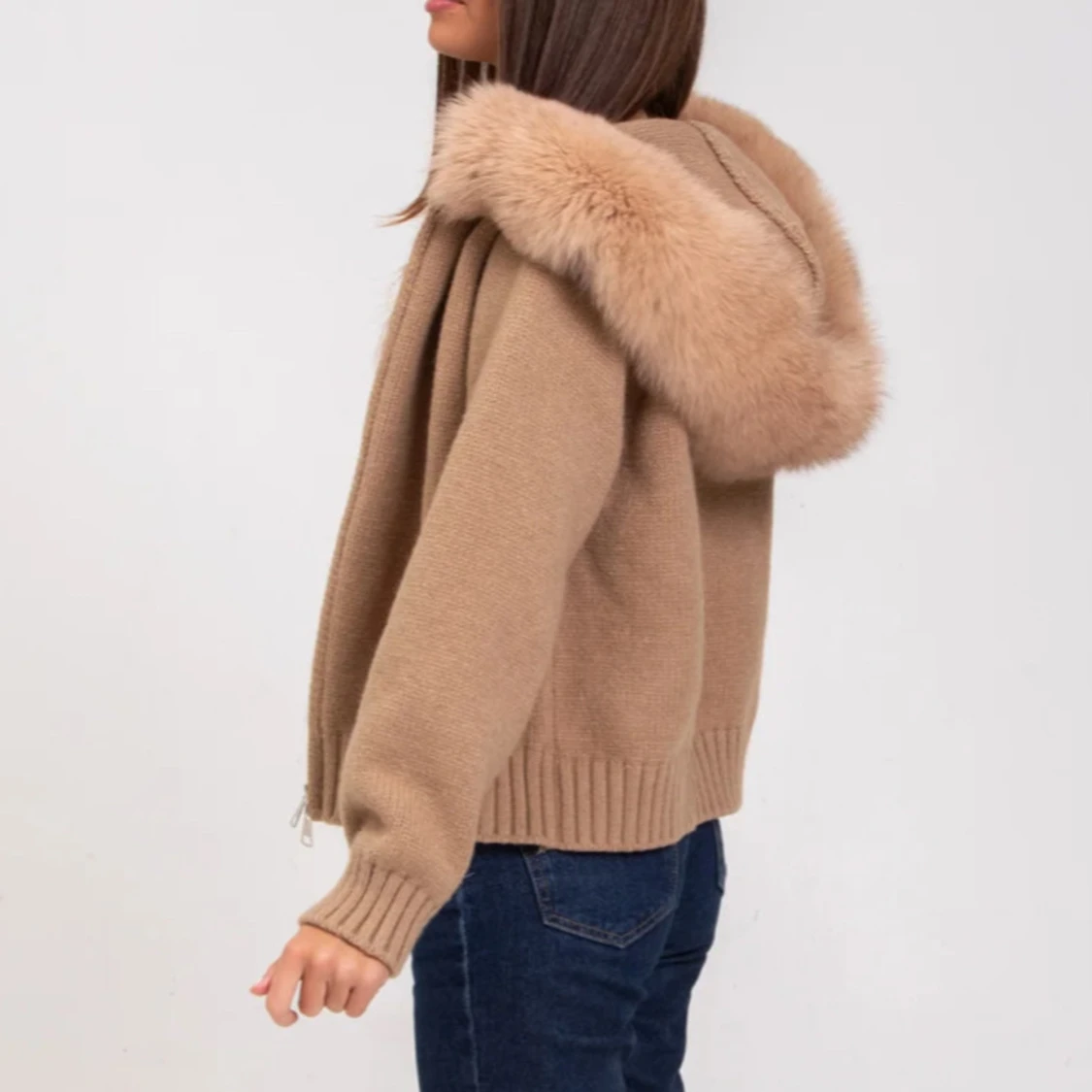 Beige/brun stickad jacka/kofta med päls - 1