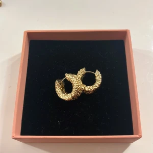 Guldiga örhängen - Guldiga örhängen från glitter, inge rost. Spännena passade ej mina öron och kunde därför öppnas därav säljer jag dom❤️använda 1 gång.