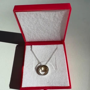 Halsband i silver och guld från Guldfynd - Snyggt halsband från Guldfynd med en tunn silverkedja och ett hänge i två cirklar, en i silver och en mindre i guld. Stilren och modern design som passar perfekt till dig som gillar enkla men unika smycken. Kommer i originalröd ask.