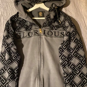 Grå hoodie från Glorious Gangsta - Snygg grå hoodie från Glorious Gangsta med svart grafiskt mönster på ärmar och axlar. Stor broderad text 'GLORIOUS' över bröstet, dragkedja framtill och huva med snörning. Perfekt för dig som gillar streetwear med attityd. Be mig skicka mer bild vid intressen, inga fel på hoddien. Köpt för 700 kr typ. Storlek M