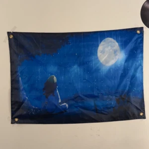  Billie Eilish affish ! - Denna produkt är en väggbonad eller tygposter med ett anime-inspirerat motiv av en person som sitter under ett träd och tittar på månen. Färgerna är djupblå och motivet ger en lugn, nattlig känsla. Produkten har öljetter i hörnen för enkel upphängning. Inga synliga defekter eller slitage.