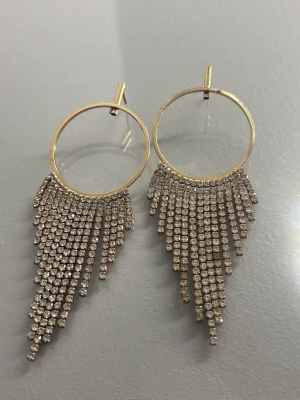 Örhängen  - Eleganta örhängen i guldfärgad ringdesign med gnistrande strassfransar som faller i en mjuk, lyxig form. Ger ett exklusivt och festligt uttryck – perfekta till fest, utekväll eller speciella tillfällen. Lätta att bära och ger mycket effekt. I fint skick.