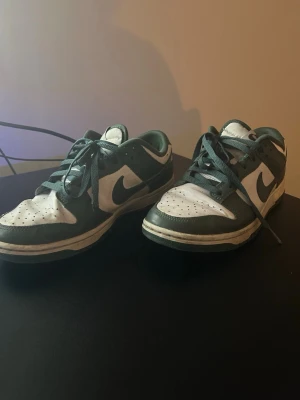 Nike Dunk Low i vitt och mörkgrönt - Nike Dunk Low sneakers i vitt och mörkgrönt skinn med klassisk swoosh på sidorna. Skorna har snörning och platt sula, perfekt för dig som gillar streetwear och sportig stil.