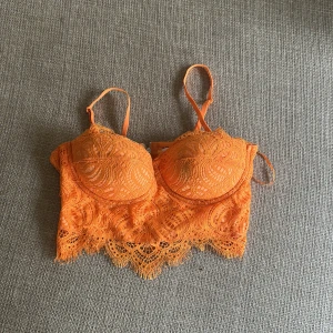Orange spetsig korsettopp från Amisu - Säljer en orange korsettopp från Amisu i storlek S. Toppen har tunna axelband, vacker spets med broderade detaljer och en snygg dragkedja bak. Croppad modell med vågig spetskant nertill, perfekt för att sticka ut med färg och stil.