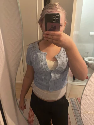 Ljusblå stickad kofta med kort ärm - Söt ljusblå stickad kofta med korta ärmar och rund hals. Koftan har ett hålmönster och knäpps framtill med små knappar. Perfekt att slänga över ett linne för en chill look.