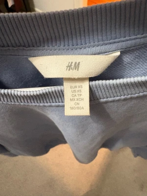 Ljusblå sweatshirt med blommor från H&M - Supersöt ljusblå sweatshirt från H&M i storlek XS. Tröjan har broderade blommor på ärmarna och har en aning croppad passform. Har bara använts nån gång så därför mycket bra skick.