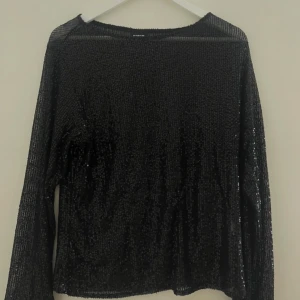 Svart paljettopp Urban Classics L - Säljer en svart långärmad topp från Urban Classics, täckt med glittriga paljetter. Perfekt för dig som vill sticka ut med en snygg och trendig look. Modellen är rak och har rund halsringning. Materialet är polyester och toppen är riktigt glammig.