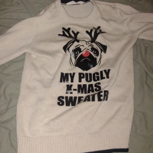 Beige jultröja med mops och text - Rolig beige stickad jultröja med tryck av en mops med renhorn och röd nos. Texten 'MY PUGLY X-MAS SWEATER' på framsidan. Långärmad modell med ribbade muddar och svart kant längst ner. Perfekt för dig som vill sticka ut på julfirandet.