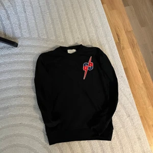 Svart sweatshirt  - Svart sweatshirt  med ett coolt GG-tryck i rött och blått samt en blixtdetalj på bröstet. Klassisk rund halsringning och långa ärmar. Perfekt för dig som gillar streetstyle och vill sticka ut med en designertröja.