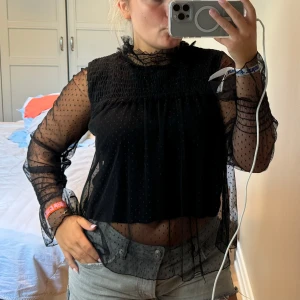 Svart transparent blus med volang - Säljer en svart transparent blus med små prickar och volangdetaljer vid halsen. Blusen har långa ärmar i mesh och smock upptill, vilket ger en luftig och trendig look. Perfekt att styla med jeans eller kjol för en cool outfit.