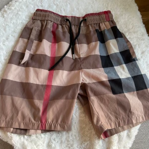 Rutig Burberry shorts med snörning - Snygga shorts från Burberry med klassiskt rutigt mönster i beige, brunt, svart, vitt och rött. De har elastisk midja med svart snörning och sidofickor. Perfekta för sommaren och ger en lyxig vibe till din outfit.