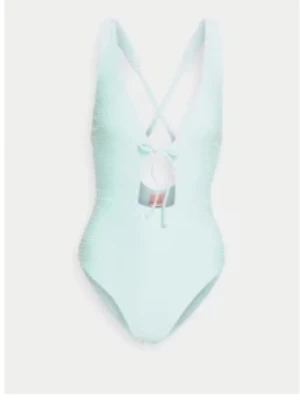 Turkos baddräkt med knyt - Säljer en turkos baddräkt från Hunkemöller med coolt prickigt strukturmönster. Baddräkten har cool-design med knyt framtill och öppen rygg och hög skärning. Perfekt för dig som vill ha en unik look på stranden eller vid poolen.