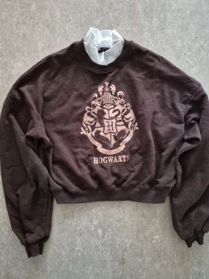 Sweatshirt - Cool brun sweatshirt från H&M med Hogwarts-tryck i silver på bröstet. Tröjan har en croppad passform, ribbade muddar och rund hals. Perfekt för dig som älskar Harry Potter och vill ha en avslappnad stil.