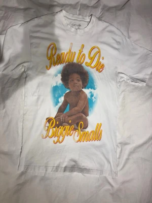 Biggie smalls tee  - Vit t-shirt med färgglatt tryck på framsidan med texten 'Ready to Die' och 'Biggie Smalls' i gul stil. Stor bild på ett barn med afro mot blå himmel. Klassisk passform och rund hals, tillverkad i mjuk bomull.