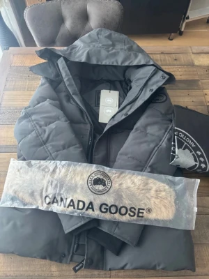 Svart dunjacka från Canada Goose - Säljer en svart dunjacka från Canada Goose med huva och avtagbar pälskant. Jackan har en clean look med diskret logga på ärmen, dragkedja och knappar framtill. Perfekt för kalla vinterdagar och riktigt snygg till streetwear-stilen.