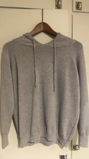 Grå hoodie med huva och snörning - En stilren grå hoodie med huva och snörning framtill. Tröjan har långärmade raglanärmar och ribbade muddar vid ärmslut och nederkant. Perfekt för chill dagar och enkel att matcha med jeans. Storlek S/XS, hör gärna av er vid frågor eller funderingar😁 pris kan diskuteras vid snabbaffär!