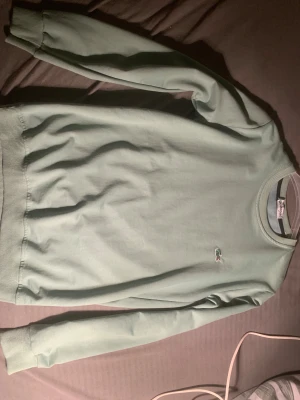 Ljusgrön sweatshirt från Lacoste - Snygg ljusgrön sweatshirt från Lacoste i storlek S. Tröjan har rund hals, ribbade muddar och det klassiska broderade krokodilloggan på bröstet. Perfekt för dig som gillar stilrena och enkla plagg med en touch av ikonisk design.