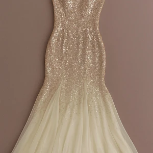 Champagnefärgad glittrig långklänning - Superfin långklänning från Stephanie Pratt i champagnefärg med massor av paljetter och glittrig yta. Klänningen har en figurnära passform upptill och en vacker utsvängd kjol i tyll. Perfekt för dig som vill sticka ut med en elegant och glamorös look.