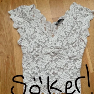 Vit spetsblus från Zara eller stradivarius med v-ringning  - Hej! Jag söker denna kortarmade topp från Zara eller stradivarius! Har letat och sökt efter toppen jättelänge men slutsåld överallt. Om vi har denna tröjan och vill sälja den här snälla av er och var inte rädda för att höra av er!❤️