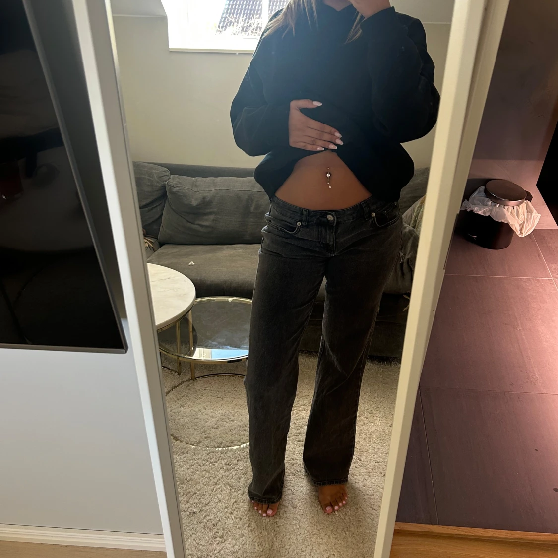 Mörkgrå raka jeans med låg midja - 2