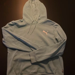 Puma hoodie turkos - Turkos hoodie från Puma med ficka fram och logga på vänster bröst. Den är använd två gånger och säljs för att den inte används💕