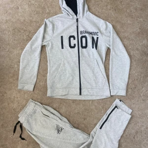 Grå hoodie DSQUARED2 ICON Ibrahimović - Snygg ljusgrå hoodie från DSQUARED2 x Ibrahimović med svart tryck 'ICON' framtill och stor grafisk print på ryggen. Huva, hel dragkedja och fickor framtill. Mjukt material, perfekt för chill eller streetwear.