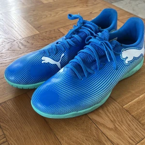 Blåa Puma inomhus skor - Säljer ett par blåa Puma fotbollsskor med vit logga. Endast använda en gång. 