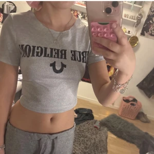 Grå t-shirt från True Religion - Säljer en grå t-shirt från True Religion i mycket bra skick. Den är kortärmad och har en stor svart logga på framsidan. Storlek XS! (Inte min bild)