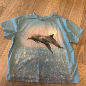 Blå t-shirt med delfinmotiv från H&M - Blå t-shirt från H&M med tryck av två delfiner som hoppar över ett glittrande hav i månljus. T-shirten har rund hals, korta ärmar och en normal passform. Materialet är mjuk bomull, perfekt för en chill och avslappnad stil.