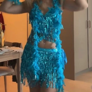 Rio utklädnad  - det som ingår: toppen (finns paddning & är justerbar), kjolen (justerbar) 2 arm fjädrar, sån lån fjäder runt halsen & blåa ansikts stenar & en blå fjäder hårspänne. allt köpt för 400kr