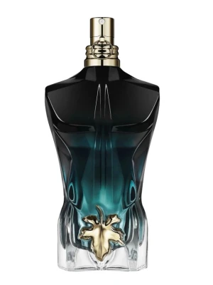 Le Male Le Parfum Jean Paul Gaultier - En ikonisk parfymflaska formad som en manlig torso i svart och turkost glas med gulddetaljer. Flaskan har en unik design med en guldfärgad bladdekoration framtill och en elegant spraytopp i guld. Perfekt för dig som gillar statementdofter och snygg inredning.