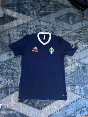 Blå Sverige Adidas träningströja - Mörkblå träningströja från Adidas med Sveriges landslagsemblem på bröstet och vit V-ringad krage. Tröjan har korta ärmar och Bauhaus-logga på framsidan samt tryck på ena ärmen. Perfekt för sport och träning.