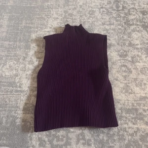 Mörklila ribbad polotopp från Zara - Säljer en mörklila ribbad polotopp från Zara. Toppen är ärmlös och har en hög krage som ger en clean och trendig look. Perfekt att styla med jeans eller kjol för en snygg outfit.