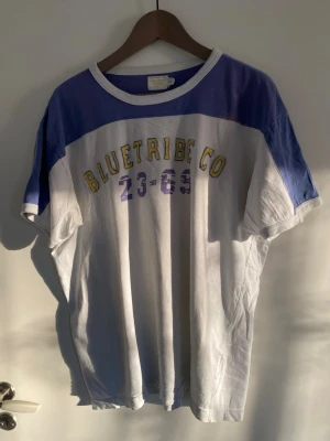 Bluetribe Co 23-69 - Blåvit T-shirt med gula påsydda bokstäver samt tryckta siffror i ljusblå under. Blåa övre partiet har några ljusare blekningsfläckar, inköpt så begangnad och ger i min mening tröjan karaktär! Står som XXL men skulle säga mer passande för L.