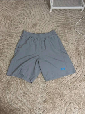 Grå träningsshorts från Under Armour - Snygga grå träningsshorts från Under Armour med elastisk midja och logga i blått på benet. Shortsen har en relaxed fit och är perfekta för gymmet eller löprundan. Tillverkade i ett lätt och snabbtorkande syntetmaterial.
