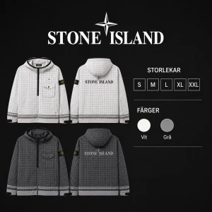 Stone Island vind/regn jacka. Flera färger - Snygg rutig vind och regnjacka från Stone Island med huva, dragkedja och bröstficka. Finns i vit och grå färg med svarta detaljer och ikonisk patch på ärmen. Perfekt för dig som vill ha en stilren och funktionell jacka.