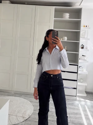 Randig croppad blus med krage - Säljer en supersnygg blåvit randig skjorta i croppad modell. Perfekt till jeans, kostymbyxor eller kjol för en stilren och trendig look. Passar både till vardag, skola och sommar.