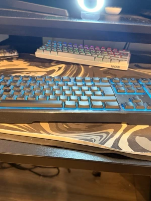 Svart tangentbord med led bakgrundsbelysning - Säljer ett svart tangentbord med blå bakgrundsbelysning och fullstort numeriskt tangentbord. Tangenterna är markerade med tydliga vita tecken och ramen är i plast. Perfekt för gaming eller studier vid datorn.