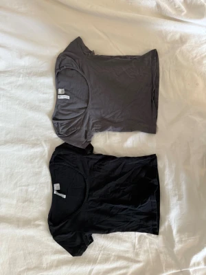 Två basic toppar i svart och grå - Säljer två enkla och stilrena toppar i svart och grå. Båda har rund halsringning och korta ärmar. Dom är från H&M i storlek XS. Pris kan diskuteras.