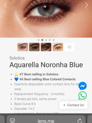 Aquarella Noronha Blue linser 3månader - Färgade kontaktlinser i nyansen Noronha Blue från Solotica. Linserna har en naturligt blå ton som ger ögonen ett intensivt och fräscht utseende. Diameter 14.2 mm och baskurva 8.6. Tillverkade i mjukt material för bekväm användning. Perfekt för dig som vill förändra din ögonfärg.