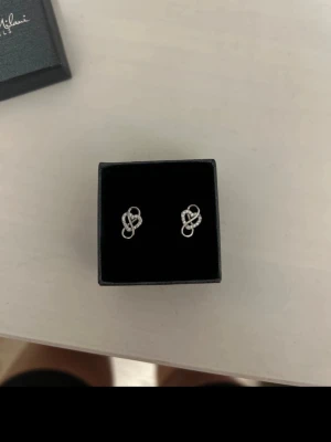 Örhängen Sofia - Säljer ett par stilrena silvriga örhängen i form av små knutar. Örhängena har en elegant och modern design som passar perfekt till alla tillfällen. Materialet ser ut att vara metall med en blank finish. Oanvända 