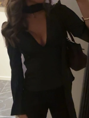 Svart v-ringad blus med choker - Säljer denna snygga blus från Zara. I storlek 34🩷