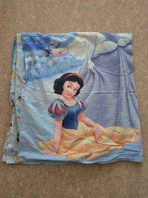 Påslakan - Säljer ett påslakan med motiv av Snövit och Askungen från Disney. Påslakanet är ljusblått med färgglada detaljer och har tryck av prinsessor, slott och fåglar. Perfekt för dig som gillar klassiska Disney-karaktärer och vill ha ett unikt tillskott till sovrummet.