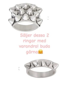 Silverfärgade ringar med nitar - Säljer två edblad ringar (säljes bara med varandra! båda två!⚠️)köpte båda ringarna för 750kr tillsammans! den tjocka edblad ringen är storlek 16.00 och smala 16.00 , hör av er om ni är intresserade, Jag kan också skicka bild på hur ringarna sitter på mig om ni vill det!😊skickar postbevis🤗Ni kan gärna också skicka bud 