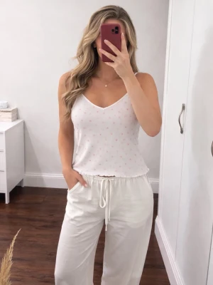 Vitt gulligt sovlinne med rosa blommor från H&M, strlk L - Ett sovlinne i mjukt, vitt material med diskret blommigt mönster i ljusrosa toner. Tunna axelband & en lätt figurnära passform ger en elegant & bekväm känsla, perfekt för en god natts sömn eller lugna hemmakvällar. Den är i storlek L från H&M köpt secondhand. Ett fräscht & stilrent plagg som känns som nytt, redo att bli en favorit i garderoben. FÖRST TILL KVARN! SISTA CHANSEN!