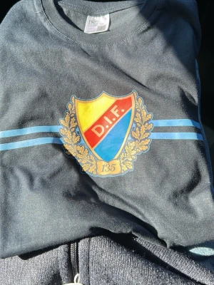 DIF t-shirt med tryck och blå ränder - Snygg mörkblå t-shirt från Bee med stort DIF-emblem och två ljusblå ränder över bröstet. Skölden har färgerna gul, röd och blå samt texten 135. Perfekt för dig som vill visa ditt stöd för Djurgården.