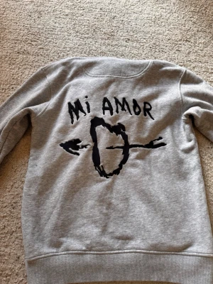 Grå hoodie från Mira Paris XS - Snygg grå hoodie från Mira Paris i bomull med coolt svart tryck på ryggen där det står 'Mi Amor' och en pil genom ett hjärta. Hoodien är i en avslappnad passform. Perfekt för en chill och trendig look.