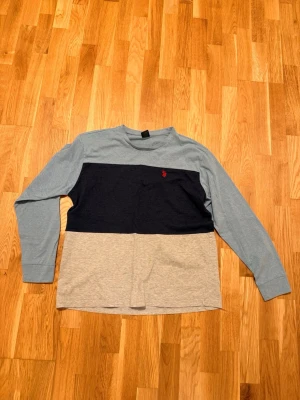 Flerfärgad långärmad topp från Polo - Långärmad topp från U.S. Polo ASSN i bomull med breda block i ljusblått, mörkblått och grått. Klassisk passform med rund hals och diskret röd logga broderad på bröstet. Perfekt för en chill och stilren look. Kommer i storlek L, är i bra skick och har inte använt den så mycket då den är för liten! 100kr, skriv vid funderingar:)