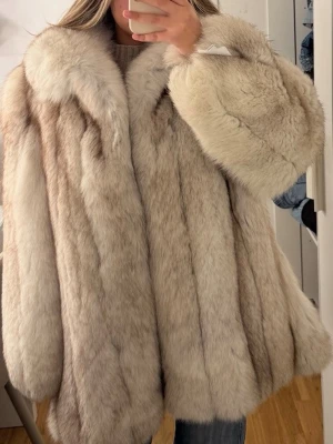 Blåräv beige pälsjacka - Säljer en blåräv beige pälsjacka med bred krage och långa ärmar. Jackan har en lyxig look med mjuk, fluffig päls i naturliga toner av beige och ljusbrunt. Perfekt för dig som vill sticka ut och hålla dig varm under kalla dagar.